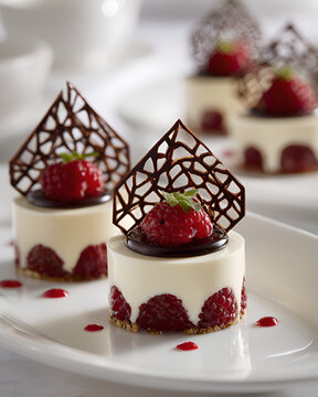Raspberry and vanilla petit gateaux with chocolate lattice