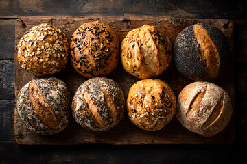 Assorted artisan bread rolls with seeds and oats on wooden board