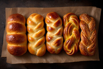 Assorted sweet breads including brioche and challah twists