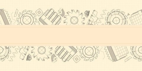 Mechanical engineering drawings on sepia background. Cutting tools, milling cutter. Technical Design. Cover. Blueprint. Horizontal seamless pattern. Vector illustration.