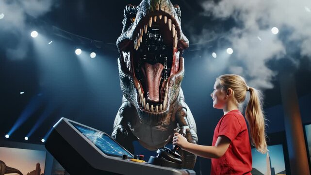 Girl Controls Animatronic Tyrannosaurus Rex in a Museum Exhibit