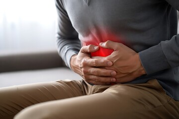 Man holding stomach in pain experiencing abdominal discomfort ache sick