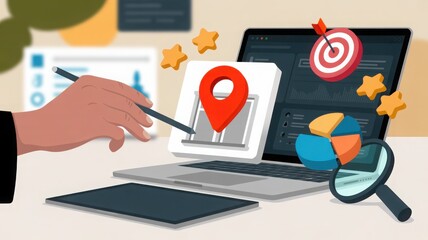 Navigating the Digital Landscape: A Visual Depiction of Data-Driven Success. A detailed illustration showcases a laptop, a tablet, and a hand with a stylus, all elements of business innovation