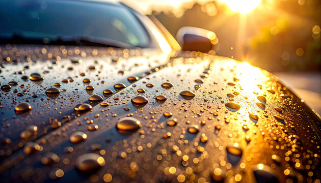 Rain-Kissed Elegance: A close-up showcases water droplets on the hood of a sleek vehicle, reflecting the golden sunlight of a bright morning. A display of sophistication.