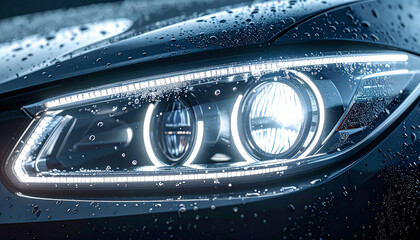 Car Headlight in Focus: A modern car headlight illuminated, showcasing its intricate design and advanced lighting technology, hinting at sleek automotive aesthetics and nighttime driving.