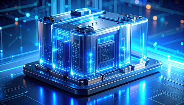 High-Tech Battery Innovation: A futuristic digital depiction of a sleek, illuminated battery pack, showcasing intricate circuits and a modern design. - Powered by Adobe