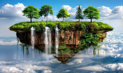 Fototapeta premium Floating island with waterfall and green trees above clouds scenery