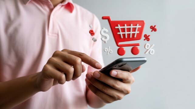 Online shopping concept: a person using a mobile phone to buy items, represented by shopping cart with money signs and percentage symbols