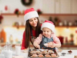 happy Mother and daughter preparing tasty Christmas  food