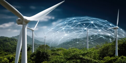 Wind Turbines Generating Sustainable Energy with Digital Network Overlay, symbolizing green technology and future connectivity