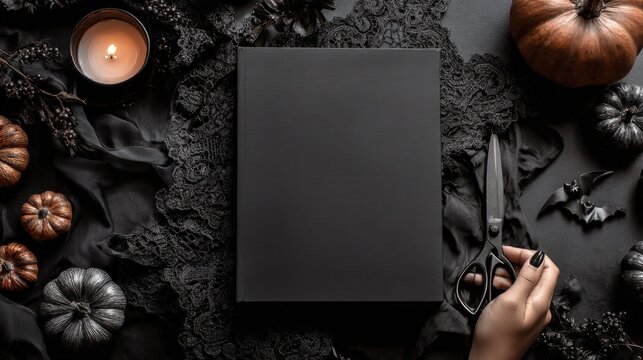Elegant Halloween Flat Lay with Black Box, Pumpkins, Candle, and Spooky Decoration for Mockup