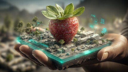 Sustainable Agriculture Concept: Hand Holding Miniature Cityscape with Strawberry, Representing Technology and Green Living