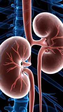 Detailed Rendering of Kidneys and Urinary Tract Anatomy on Black Background for Medical Visualization and Educational Purposes Featuring Renal Artery and Vein Structures