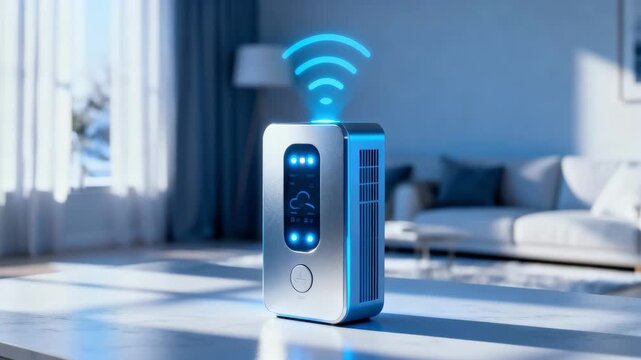 Medium shot of a cloudconnected winterization control device transmitting data to optimize energy use during seasonal changes in a modern home