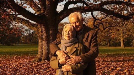 Elderly Couple Embracing in Autumnal Park with Fallen Leaves and Golden Sunlight Underneath Tree Branches in Serene Outdoor