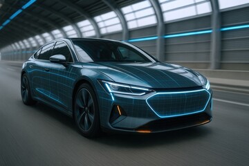 Obraz premium Sleek electric car speeding through tunnel, showcasing modern automotive design and advanced technology features