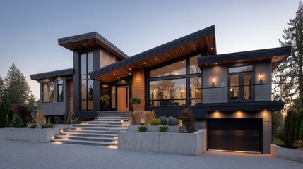 Modern House Exterior with Architectural Design Featuring Large Windows, Concrete Steps, and a Sleek Facade