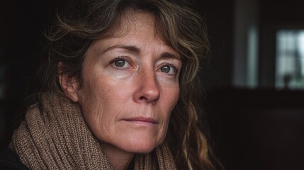 Contemplative Woman Portrait with Natural Light, Expressing Serenity and Resilience, Captured in a Warm and Intimate Setting