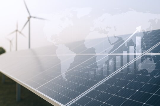 Sustainable Energy Growth: Solar Panels and Wind Turbines Powering Global Progress with Upward Trend Chart - Powered by Adobe