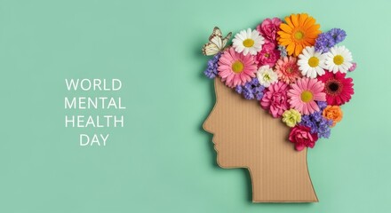World Mental Health Day Concept with a Cardboard Head Profile, Colorful Flowers, and a Butterfly Symbolizing a Healthy Mind.