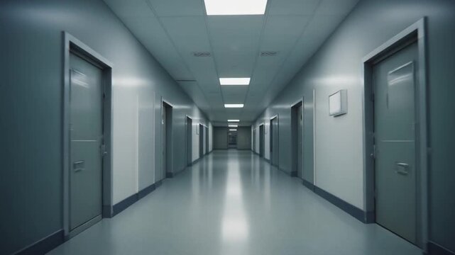 A long, sterile hospital corridor with multiple doors on either side, illuminated by fluorescent lights.