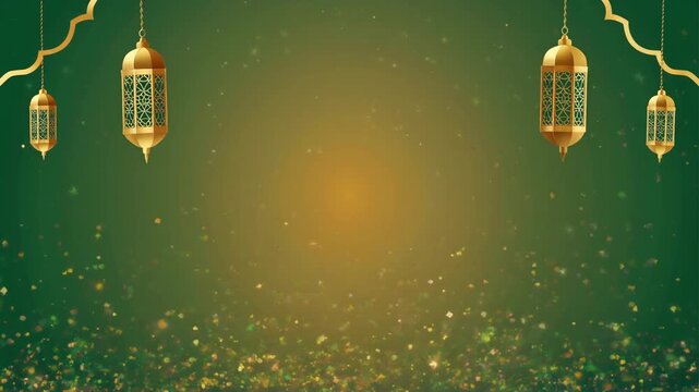 A festive green and gold background with hanging lanterns and sparkling particles, suitable for Islamic celebrations.
