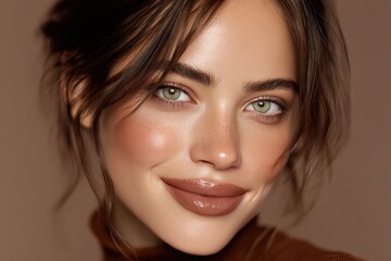 Obraz premium Close-up Portrait of a Beautiful Woman with Natural Makeup and a Warm, Radiant Complexion Smiling