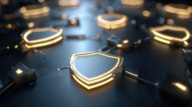 Glowing Network Nodes Protected by Shield Icons Illustrate the Concept of Data Encryption and Security Measures in Digital Systems
