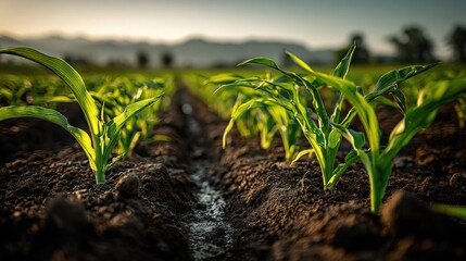 Fototapeta premium Young corn plants growing in a field, agriculture, farming, sustainability and healthy food production