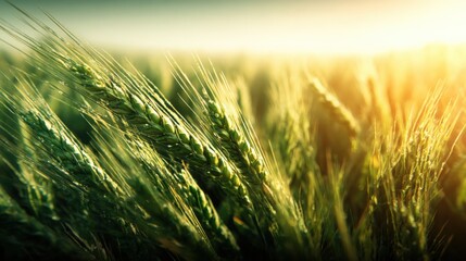 Fototapeta premium Golden wheat field with sun shining through crops, agriculture landscape during harvest season