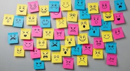 A collection of colorful sticky notes with various hand-drawn emotions, symbolizing a range of feelings and mental states.