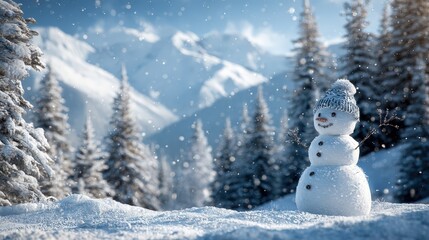 Obraz premium Cheerful snowman stands alone amidst a snowy mountain landscape during falling flakes