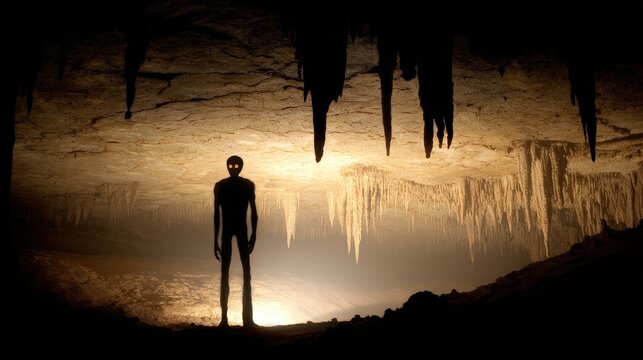 Eerie humanoid figure stands illuminated within a subterranean cavern formation - Powered by Adobe