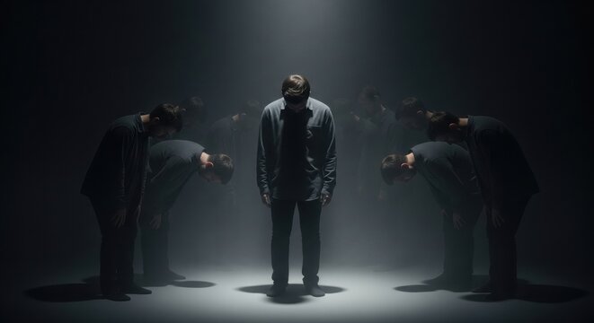 Man with head down in a spotlight, surrounded by bowing figures, symbolizing internal conflict, shame, or self-judgment.
