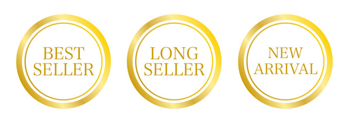 ベストセラー・ロングセラー・新商品を示す英字バッジセット