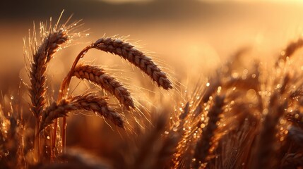 Fototapeta premium Golden wheat field at sunset, agricultural crops, harvest time, rural scene, natural backdrop
