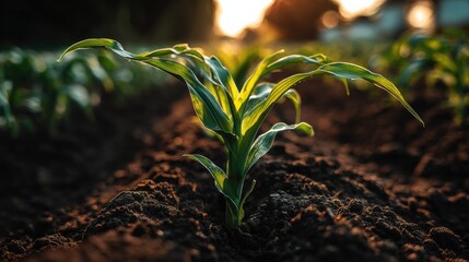 Fototapeta premium Young Corn Plant Sprout Emerging from Fertile Soil in a Farm Field at Sunset