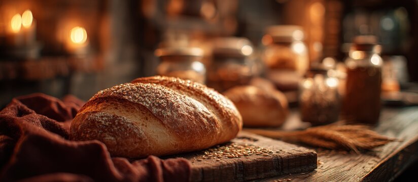 Freshly baked sourdough bread loaf on a rustic wooden board, with grains and spices