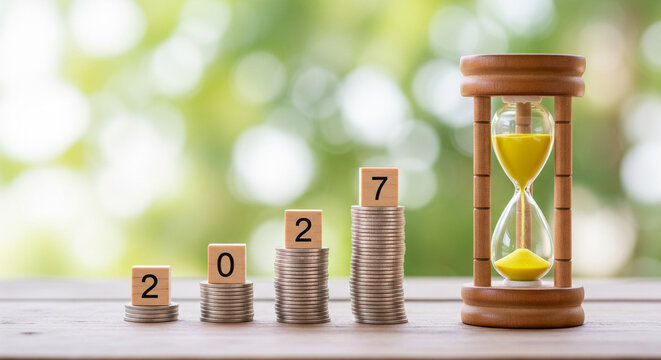 Coins stacked in increasing order with wooden blocks spelling "2027" next to an hourglass, symbolizing time and financial growth.