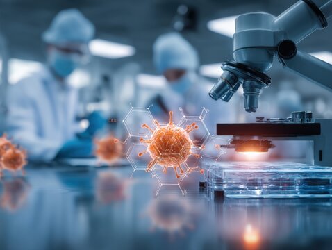 Scientific Research: Close-up of Microscope and Virus Model in Laboratory Setting for Medical and Pharmaceutical Concepts