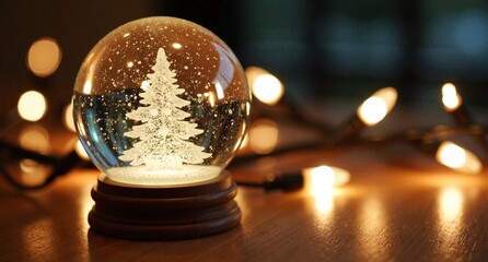 Close-up of a glowing Christmas snow globe with an illuminated tree on a rustic wooden table, surrounded by warm blurred lights.