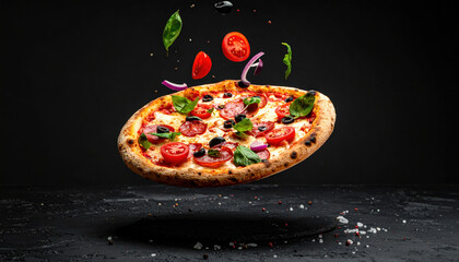 Delicious pizza with pepperoni, tomatoes, olives, and basil is artistically suspended in mid air against dark background, showcasing vibrant colors and fresh ingredients
