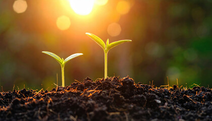 Two young green seedlings sprout from rich soil, illuminated by warm sunlight in serene natural setting, symbolizing growth and new beginnings