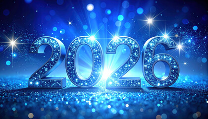 Sparkling 2026 shines brightly against vibrant blue background, surrounded by glowing lights and bokeh effects, creating festive and celebratory atmosphere
