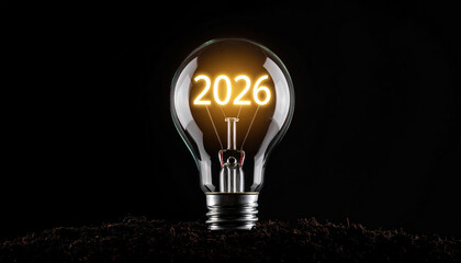 Glowing light bulb with 2026 inside symbolizes innovation and future ideas against dark background. bulb rests on soil, suggesting growth and potential