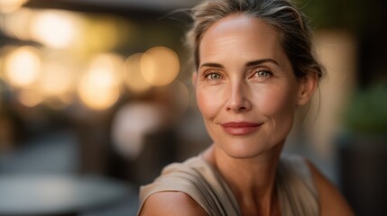 Confident woman portrait with natural makeup smiling gently in soft outdoor light creating inviting ambiance