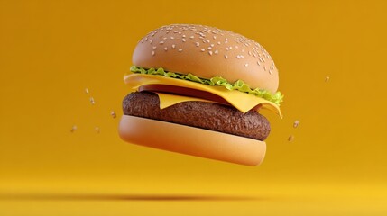 Appetizing cheeseburger floating against a vibrant yellow background, showcasing fresh ingredients and culinary appeal with 3D rendering
