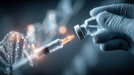 Vaccine vial being extracted with syringe, injection for disease prevention and medicine concept