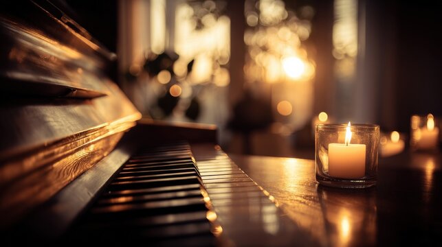 Warm Piano Setting with Candles and Bokeh, Evoking Musical Inspiration and Relaxed Atmosphere - Powered by Adobe