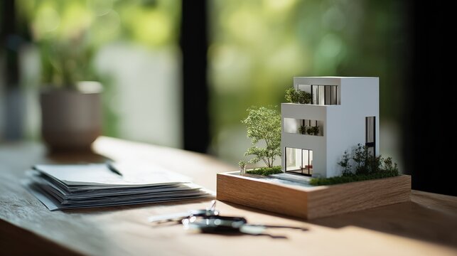 Modern House Model on Wooden Desk with Keys, Papers, and Plant in Soft Focus Background - Powered by Adobe